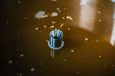 High angle view of water drops on table