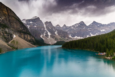 Scenic view of lake and mountains against sky