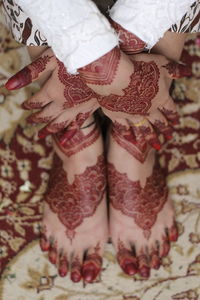 High angle view of woman with hands