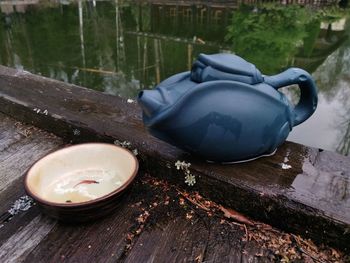 High angle view of tea cup on table