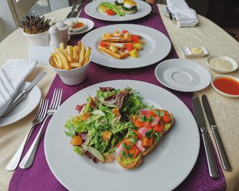 High angle view of meal served on table