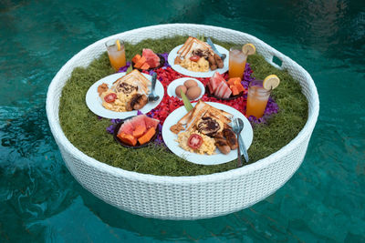 High angle view of breakfast on table