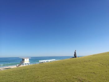 Scenic view of sea against clear blue sky