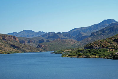 Scenic view of mountains against clear blue sky