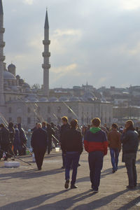 People walking in town square