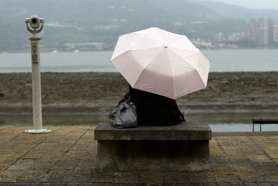 Rear view of woman by sea against sky