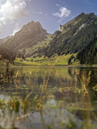 Scenic view of lake and mountains against sky