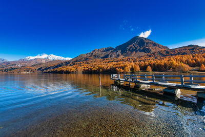 Scenic view of lake and mountains against blue sky