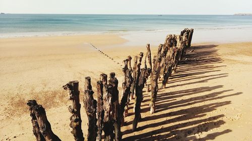 Panoramic view of wooden posts on beach against sky