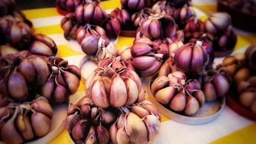 Close-up of garlic bulbs on table