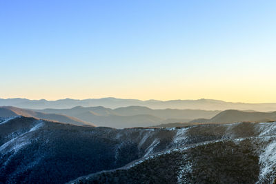 Scenic view of mountains against clear sky during sunset