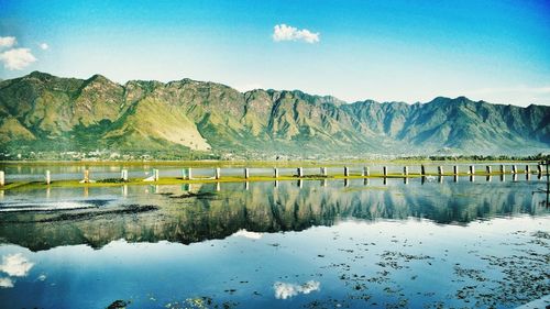 Scenic view of lake and mountains against blue sky