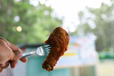 Close-up of hand holding fried chicken drumsticks against blurred background