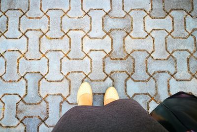 Low section of man standing on cobblestone