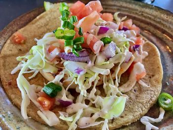 High angle view of chopped vegetables in plate