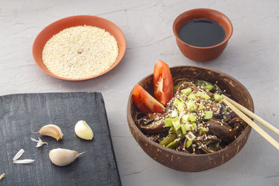 High angle view of food served on table