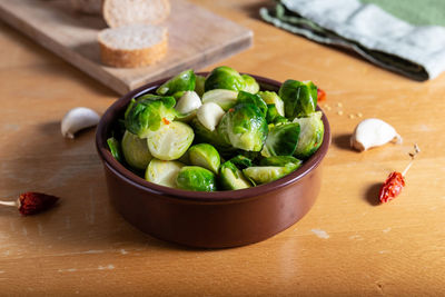 High angle view of salad in bowl on table