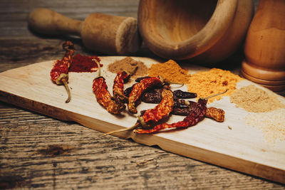 Spices by mortar and pestle on table