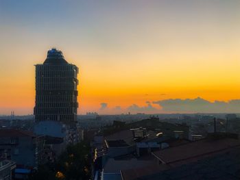 Modern buildings against sky during sunset