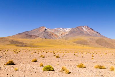 Scenic view of snowcapped mountains against clear blue sky