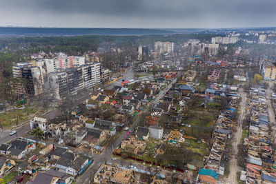 The aerial view of the destroyed and burnt buildings. the buildings were destroyed by rockets.