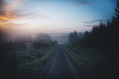 Dirt road amidst trees against sky in foggy weather