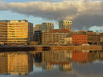 Reflection of buildings in river against sky