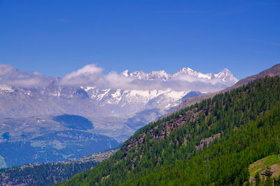 Scenic view of mountains against blue sky