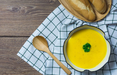 High angle view of breakfast on table