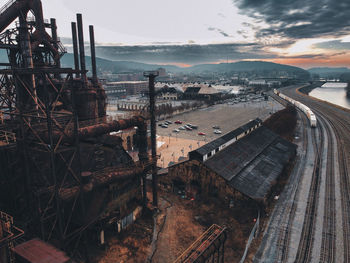 High angle view of cityscape against sky during sunset