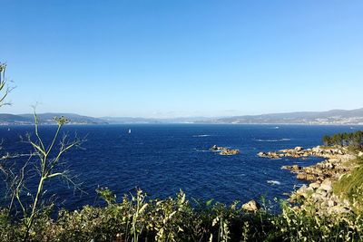 Scenic view of sea against clear blue sky