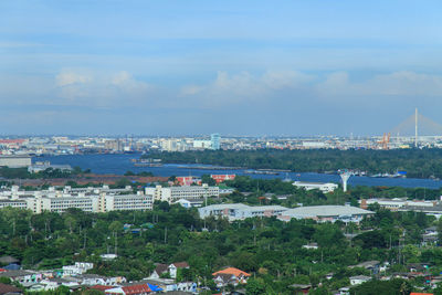 High angle view of buildings against sky