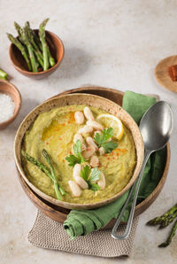 High angle view of soup in bowl on table