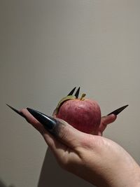 Close-up of hand holding apple against wall