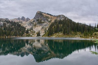 Scenic view of lake and mountains against sky