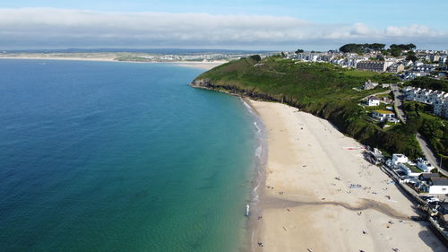 Aerial shot of carbis bay beach in st ives, cornwall  taken in july 2021 - g7 summit location 2021