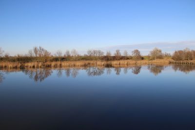 Scenic view of lake against clear blue sky