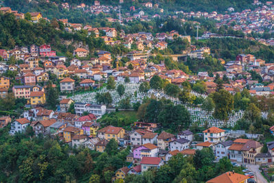 High angle view of buildings in town