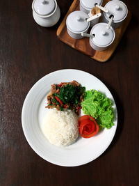 High angle view of food served on table
