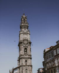 Low angle view of torre dos clérigos against clear sky 
