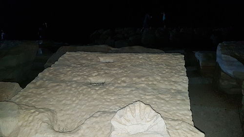 High angle view of snow covered rock at night