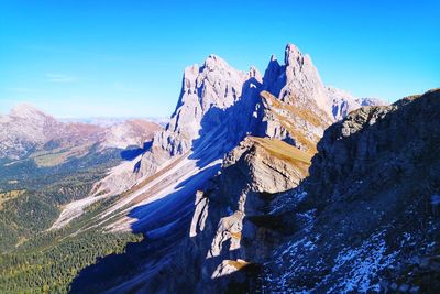 Panoramic view of snowcapped mountains against blue sky