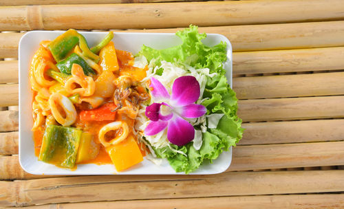 High angle view of salad in bowl on table