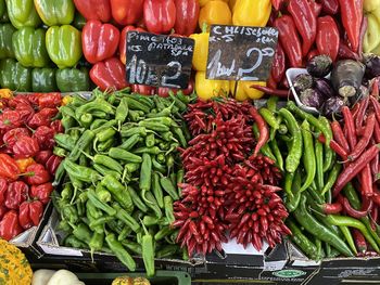 High angle view of vegetables for sale at market stall