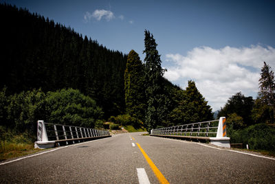 Road by trees in forest against sky