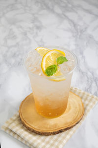 High angle view of drink on table