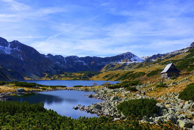 Scenic view of lake and mountains against sky