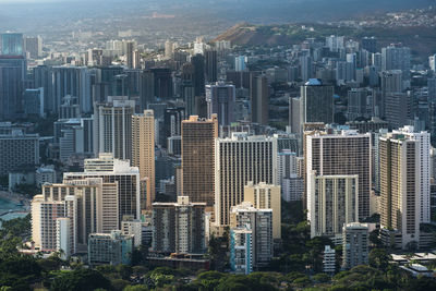 High angle view of modern buildings in city