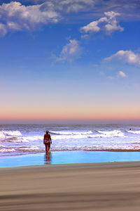 Rear view of woman walking on shore against sea at beach