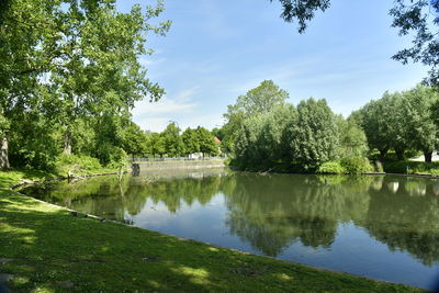 Scenic view of lake by trees against sky